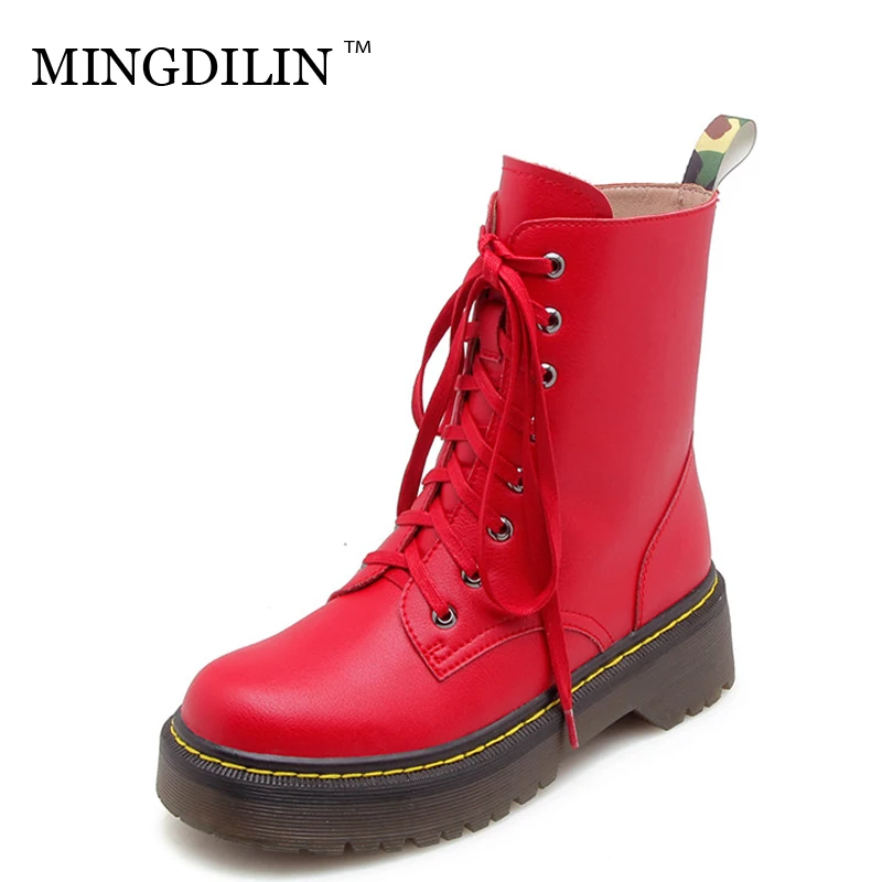 

MINGDILIN Autumn Winter Woman Ankle Boots Genuine Leather Women's Motorcycle Boots Lace Up Genuine Leather Shoes Martin Boots