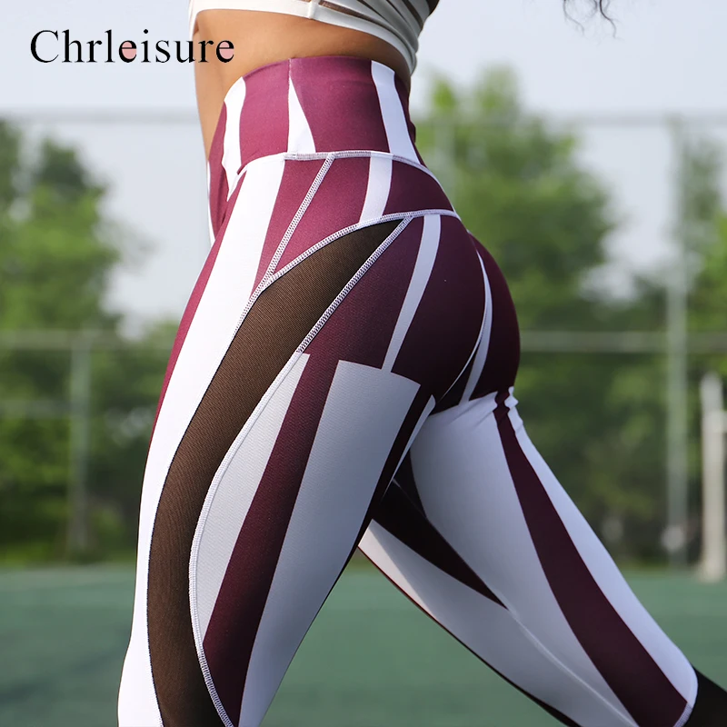 Chrleisure повседневные высокая талия сетчатые женские леггинсы фитнес в полоску
