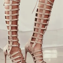 Модные женские сапоги-гладиаторы высокого качества с открытым носком и перекрестными ремешками; замшевые сапоги на высоком тонком каблуке с вырезами; сандалии