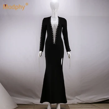 

Modphy 2018 new winter women mermaid bandage dress long sleeve deep V-neck black dress celebrity Chain corn party dress
