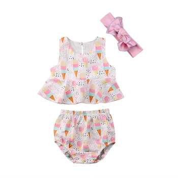 

Cute Newborn Baby Girl Summer Clothes Ice Cream Print Cotton Vest Tank Tops+Baby Bloomers Shorts Headband 3PCS Outfits Sunsuit