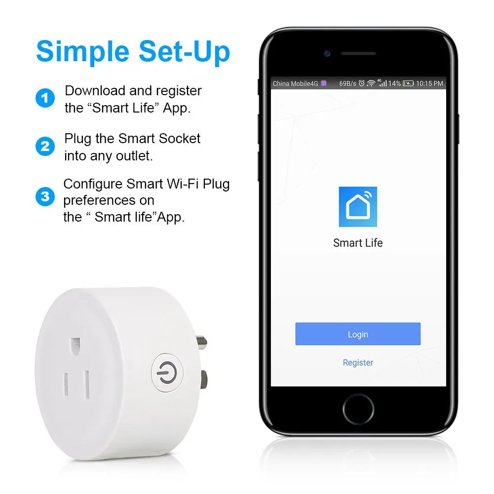 Умная розетка, мини умная вилка WiFi, совместима с Alexa, поддержка 2,4 ГГц Wifi сетей, напряжение 100-240 В, электрическая мощность