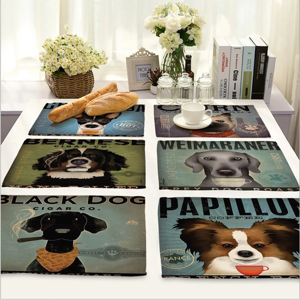 

Home Decor Nordic Cartoon Dog Placemat Linen Fabric Table Mat Dishware coasters For Kitchen Accessories Wedding Party Decoration