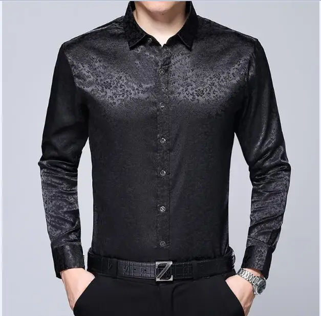 New arrival male satin silk shirt mens fashion floral dress shirt long