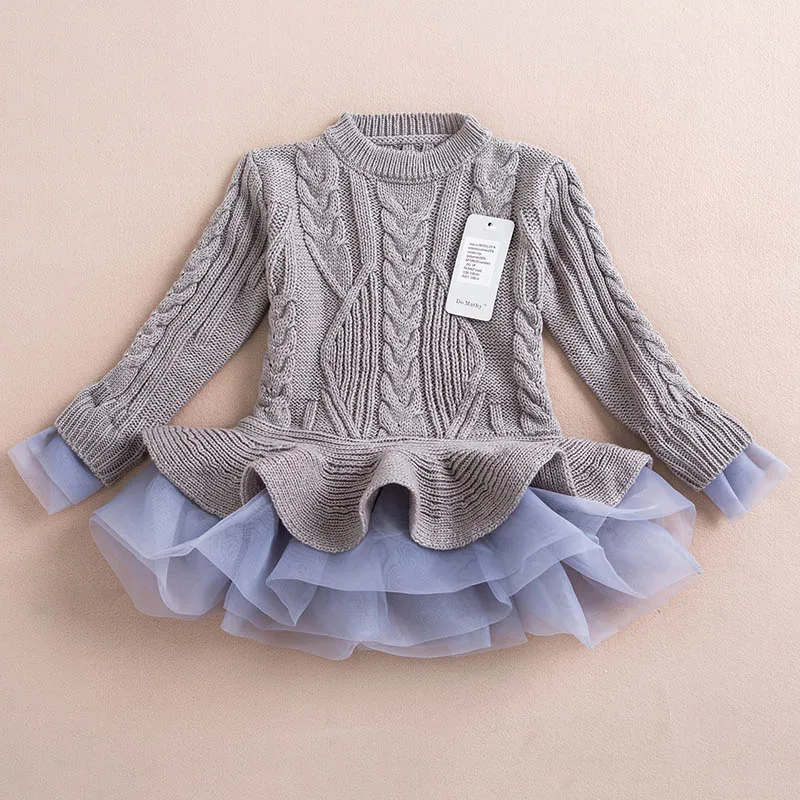 Платье для девочек г. Зимний пуловер вязаные свитера бальное платье верхняя одежда с длинными рукавами и круглым вырезом, трикотажная одежда для детей от 3 до 7 лет - Цвет: AZ636 Gray