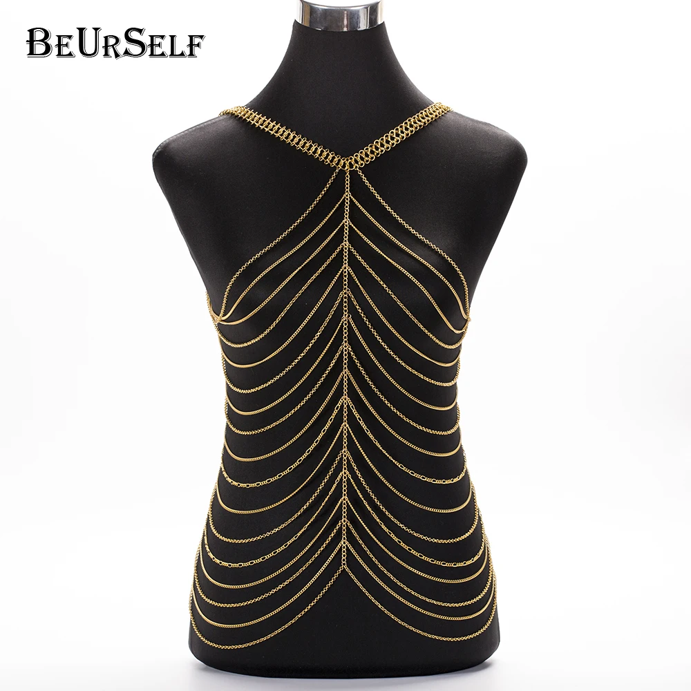 

Summer beach sexy bikini body chain women luxury back bare fashion alloy bra chain unique design nightclub female body jewelry