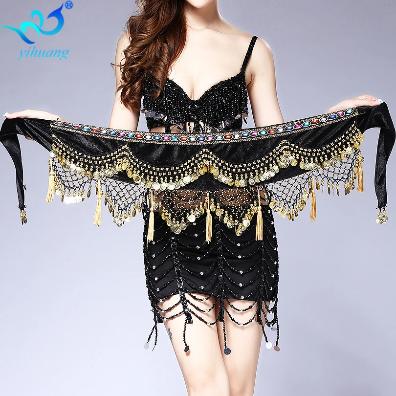 Belly Dance Costume Hip Scarf  Indian Dancer Belt Belly Dancing Hipscarf Gold Conis Bellydance Wrap Skirt Velvet Performance 