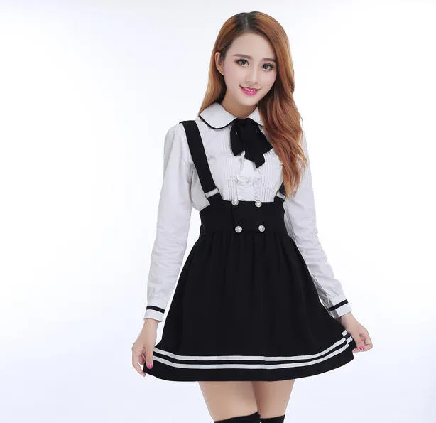 

Japanese School Uniform for girls Students Class Sweet Clothes Plus size Navy Straps skirt +White Shirt +Stocking 3 Pcs / Set