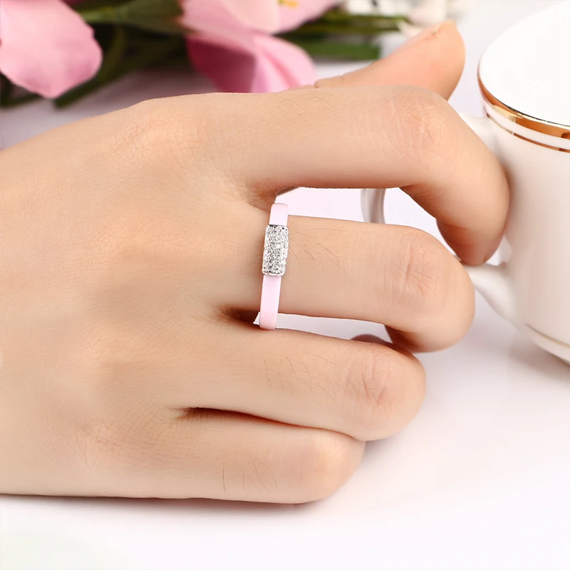 Hot Romantic 3mm Pink Rings for Women Silver Color Crystal Ceramic Rings Shaped Ring Bridal Wedding Jewelry Exquisite