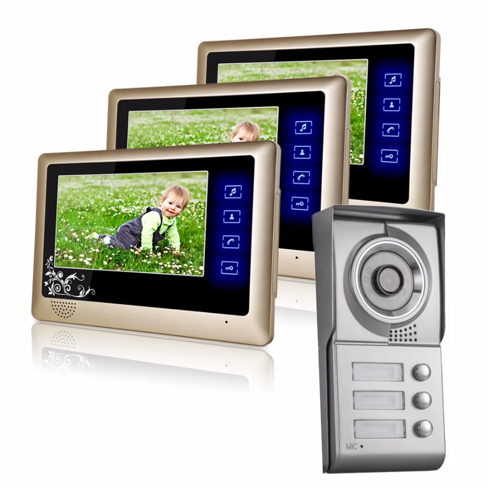 

3 Apartment/Family Wired Video Doorbell Intercom System 1 door Camera with 3 button 3 Monitor Waterproof night vision