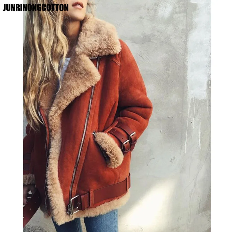 JUNRINONGCOTTON 2018 зима Для женщин теплые парки замши овечьей шерсти пальто с лацканами