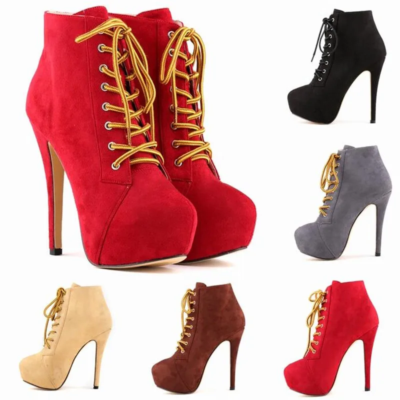 

Female Motorcycle boots Winter Boots Flock Lace-Up Ankle Basic Round Toe Super High 14CM Thin Heels Solid women boots Shoes