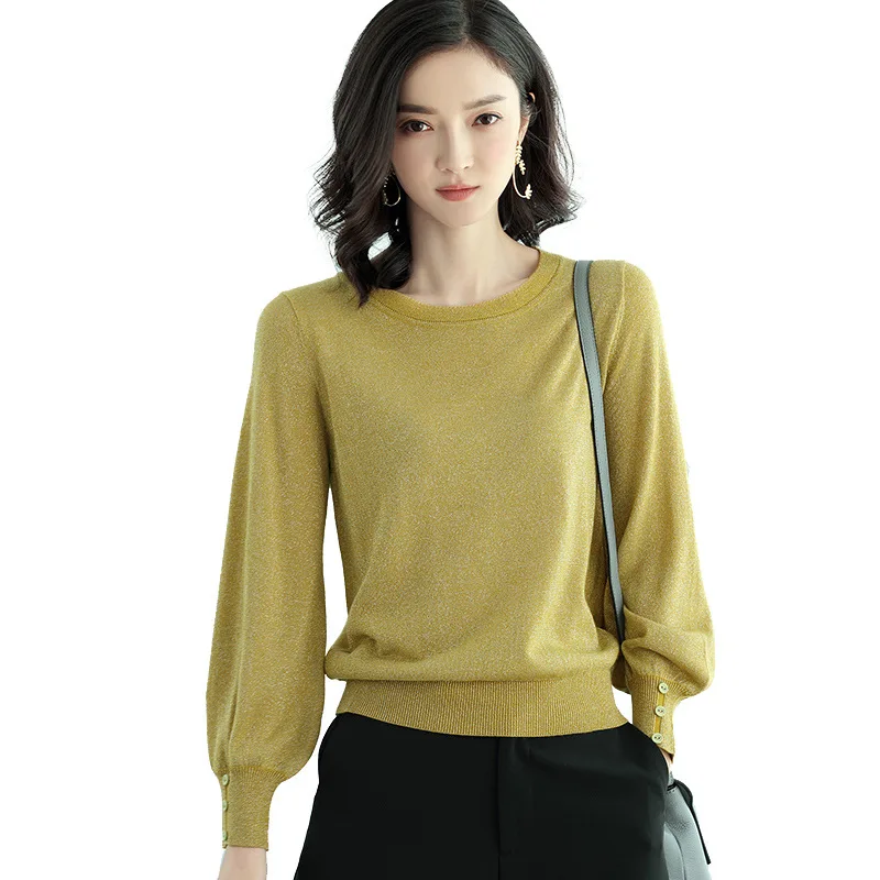 

Shiny Lurex Round Neck Sweaters and Pullovers for Women Warm Long Lantern Sleeve Loose Autumn Winter Jumper Female Brand Jumper