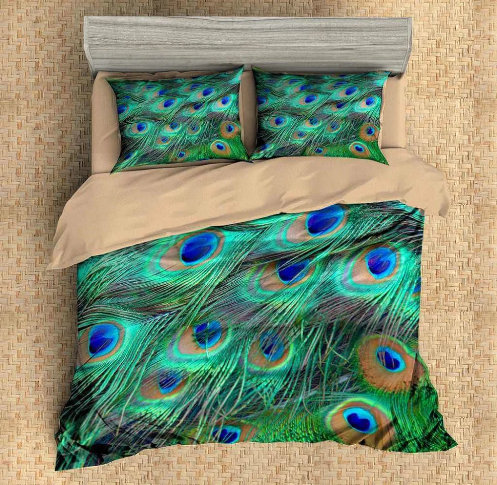 

Peacock Tail Feather Duvet Cover Set Blue Microfiber Bedding Set 3 Pieces with 2 Pillowcase Muliti Size Bedclothes Home Textile