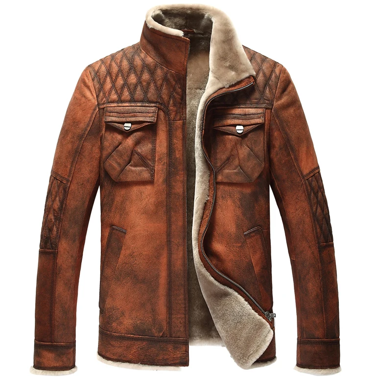 Leather suede sheepskin coat fur one piece leather jacket coat men