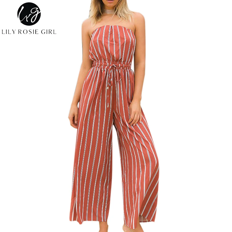 Lily Rosie Girl Off Shoulder Striped Sexy Backless Jumpsuits Women