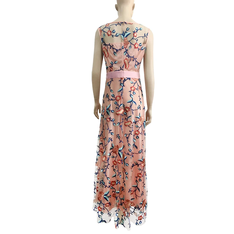 Цветочная вышивка длинное Сетчатое платье для женщин без рукавов Высокая талия подиум макси платья элегантные дамские вечерние платья халат vestidos