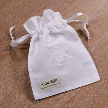 

B001 :white ramie/cotton drawstring embroidery gift bags, 5x7 inches sachet bags, travel pouch, linen bag