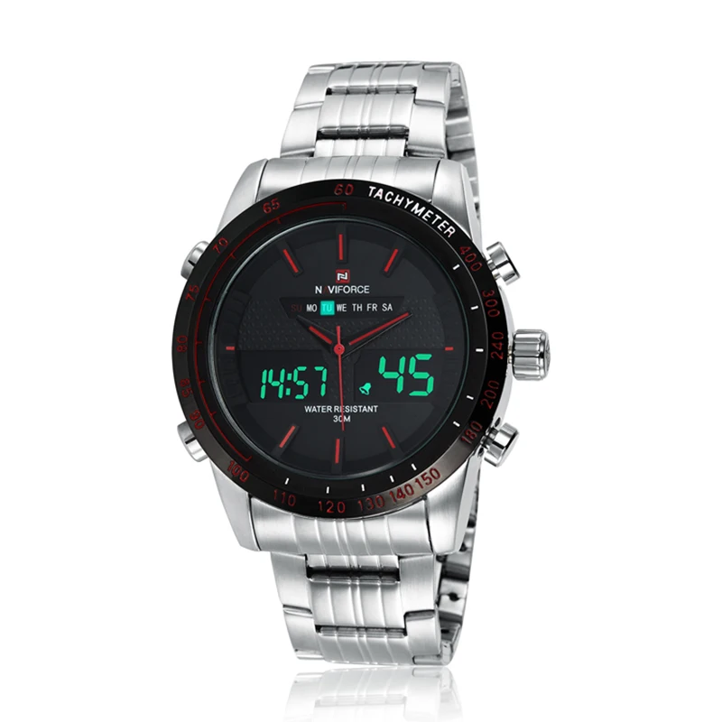 NAVIFORCE, мужские водонепроницаемые спортивные часы, полностью стальной светодиодный, цифровой аналоговый, военные кварцевые наручные часы, мужские часы - Цвет: Silver Red