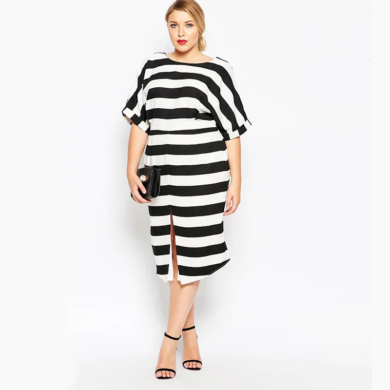 Plus Size Women Dress 6XL Black and White Stripe Dress Slim Wild Dress