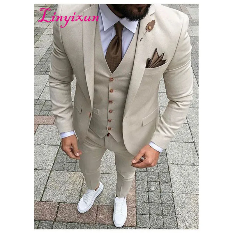 Linyixun,, новейший дизайн пальто, брюки, бежевый мужской костюм, смокинг для выпускного, приталенный, 3 предмета, стиль жениха, мужские костюмы на заказ, блейзер Terno