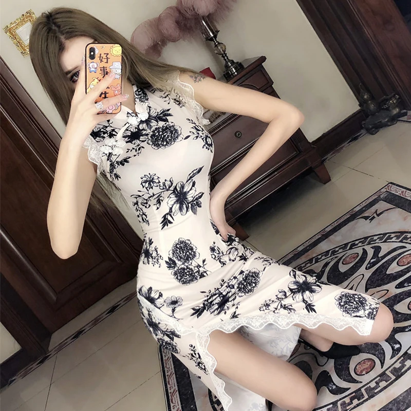 

Sexy Chinese style Print Cheongsam Dress 2019 Summer Women High Waist Elegant Female Party Exotic Dresses