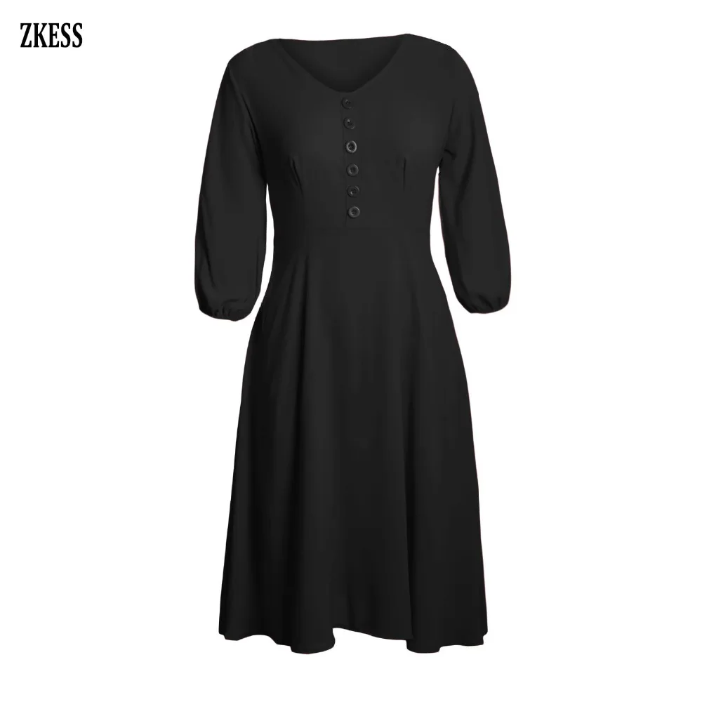 Black-Button-Front-Balloon-Sleeve-Vintage-Dress-LC610282-2-3