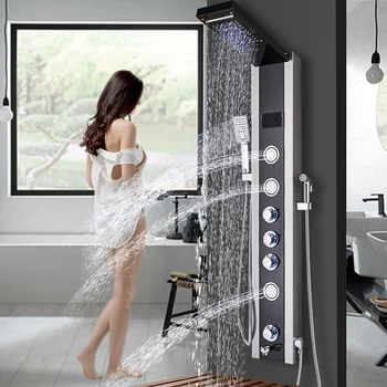 

Newly Luxury Black Brushed Bathroom Shower Faucet LED Shower Panel Column Bathtub Mixer Tap With Hand Shower Temperature Screen