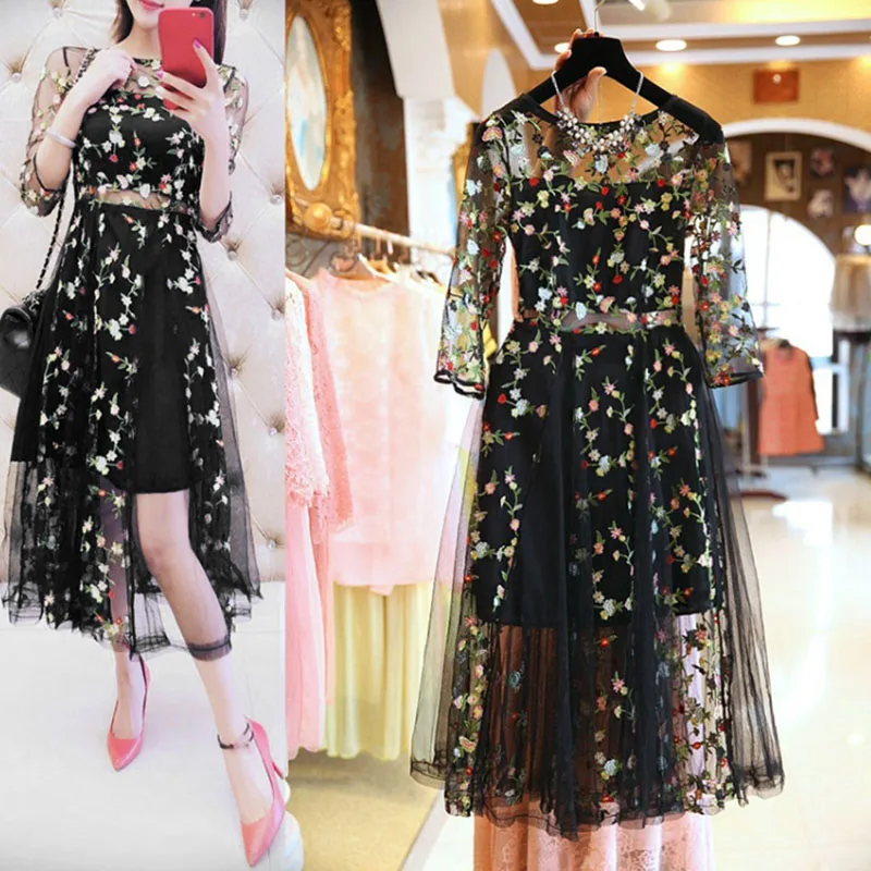 

Women Boho Mesh Embroidery Floral Evening Party Midi Maxi Dress Beach Sundress