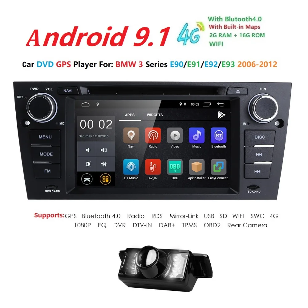 Top 1Din 4Core 7" Android 9 Car GPS Stereo Radio DVD Player For BMW E90/E91/E92/E93 Navigation SWC DVR RDS DVBT Bluetooth+Camera USB 2