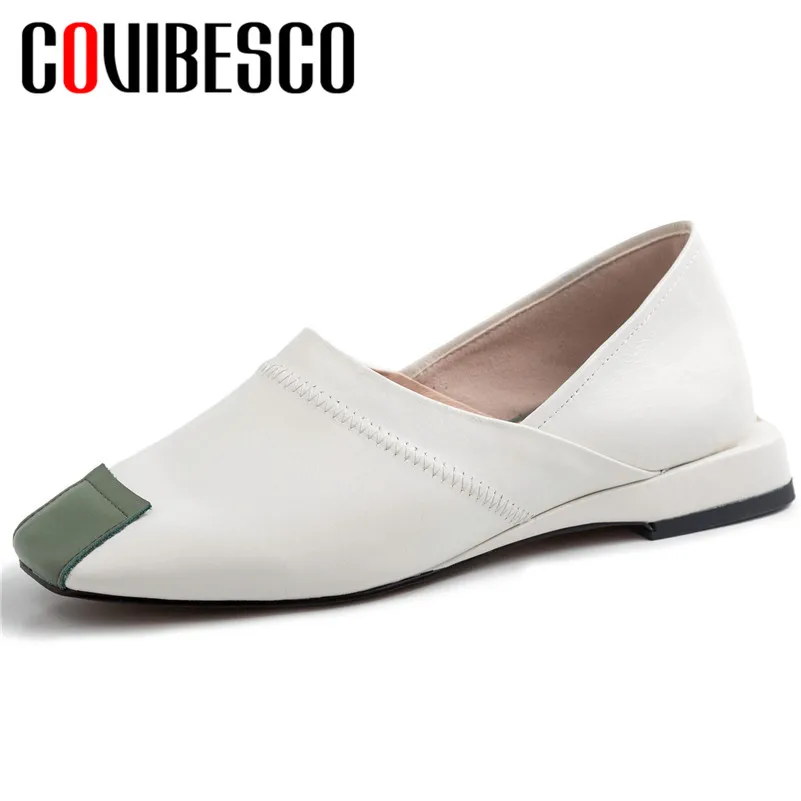 

COVIBESCO 2019 New Fashion Women Summer Solid Concise Genuine Leather Casual Pumps Square Toe Slip-on Elegant Basic Shoes Woman