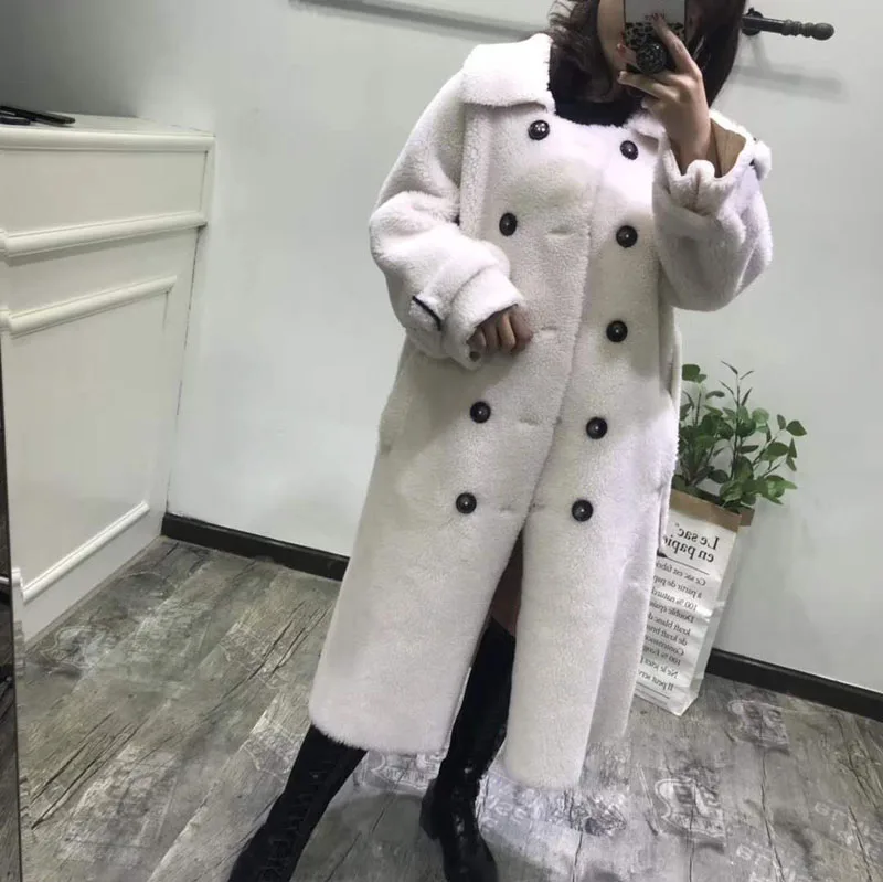 Abrigos Mujer Invierno 2019 Korean Sheep Fur Coat Leather Jackets Wool Fur Winter Women Casual Parka X-Long Overcoat With Sashes