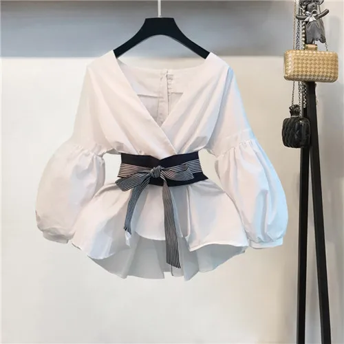 Высококачественная Летняя женская блузка с рукавом-фонариком, модная Корейская стильная Сексуальная полосатая элегантная рубашка с v-образным вырезом и бантом - Цвет: Photo Color