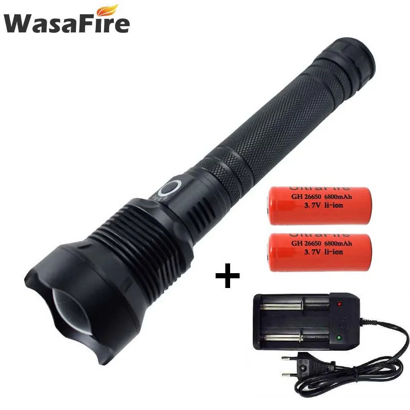 

Super Bright Zoom Torch XHP50 Led Flashlight Power Display Tactical Self Defense Lantern with 26650 Battery + Charger for Patrol