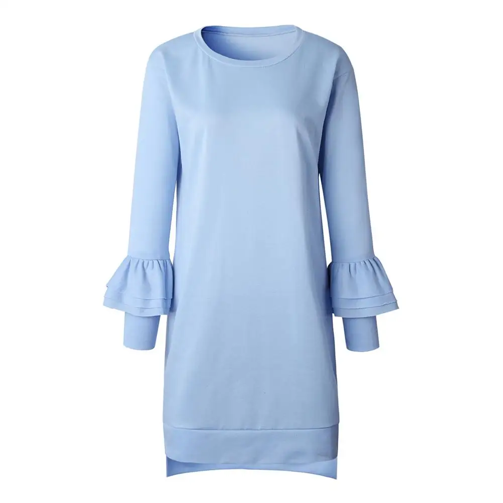 Casual Round Neck Solid Color Pleated Ruffled Long-Sleeved Dress Casual Round Neck Solid Color Pleated Ruffled Long-Sleeved Dress