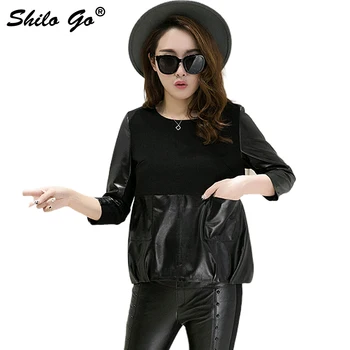 

Leather blouse Womens Spring Fashion sheepskin genuine leather blouse O Neck concise loose front pocket black blouse