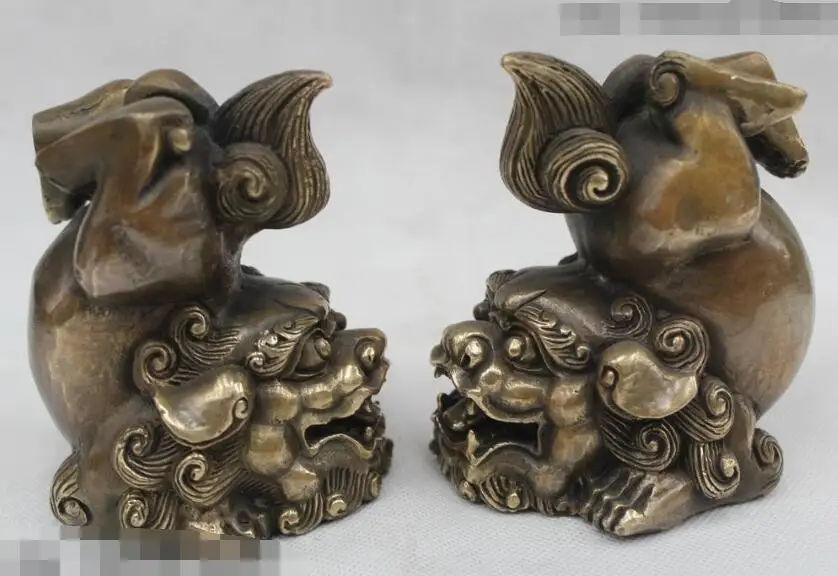 

S6415 5"Chinese Feng Shui Bronze Lucky Lifelike Foo Dogs Two Lion Play Statue D0318