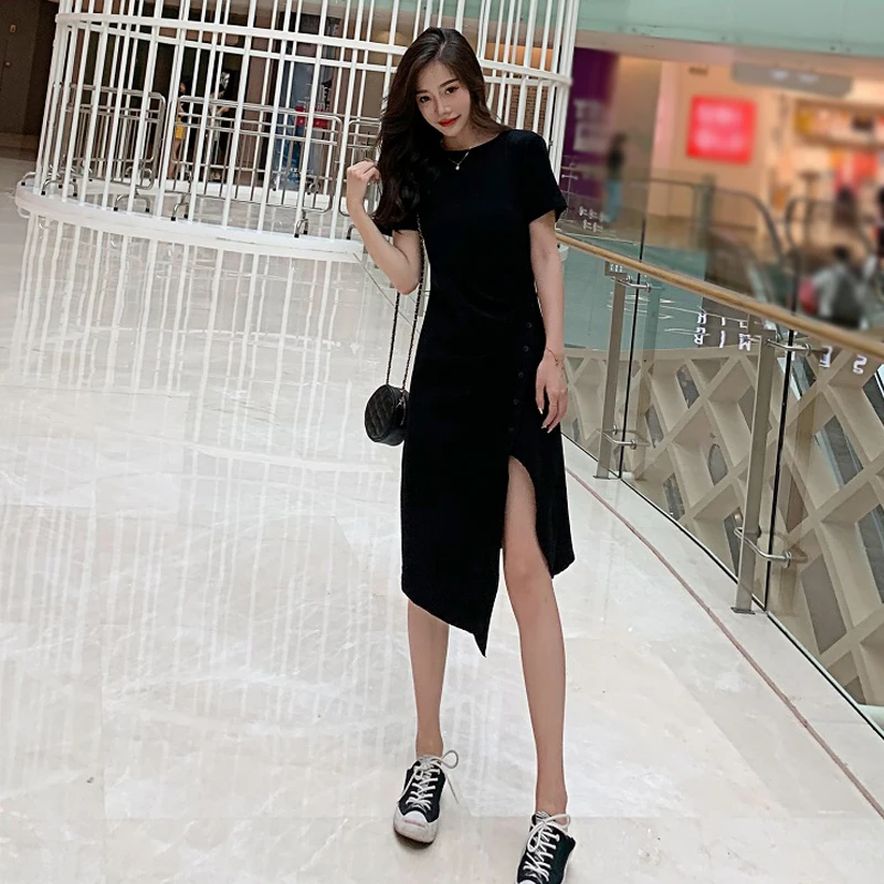

Summer Women Maxi Dress Casual Knit Dress Irregular Split Button Short Sleeve Long Dresses