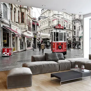 

Europe Wall Papers Wall Street Red Bus Photo Wallpaper Mural Stickers Modern 3D Living Room Self Adhesive Vinyl / Silk Wallpaper