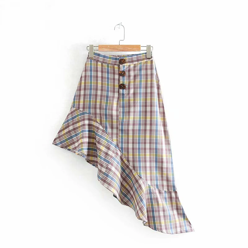 

2019 Women Plaid Asymmetrical Chic Long Skirts Female Spring Summer Fashion Contrast Color Irregular Single Breasted Skirt Femme