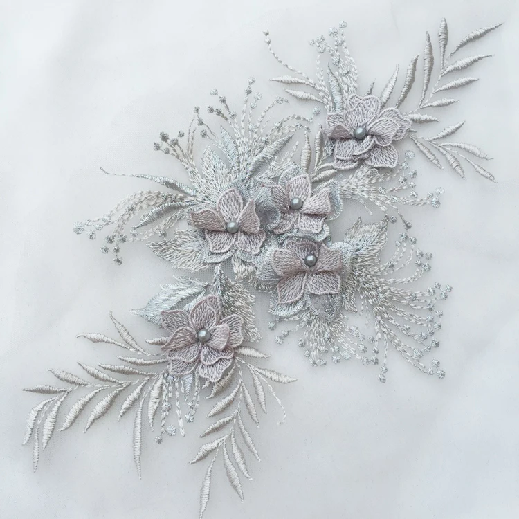 

1Pcs/lot New 3-dimensional flower beaded lace applique gray red blue green off-white light champagne black W269