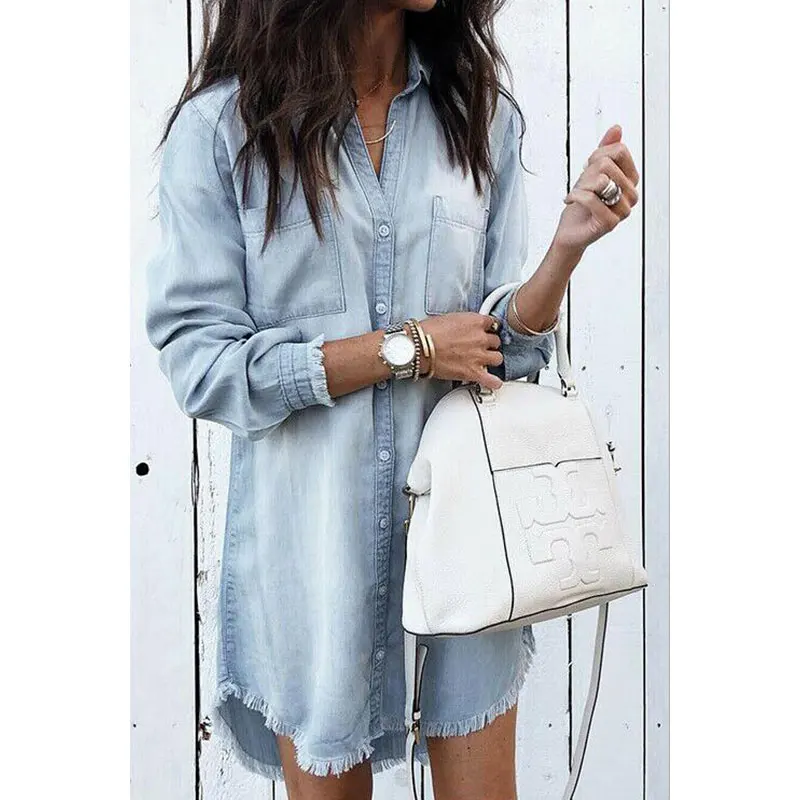 

Spring Women Long Sleeve Loose Denim Shirts Dress Summer Casual Female Mini Dress Ladies Turn-down Collar Shirt Short Dresses