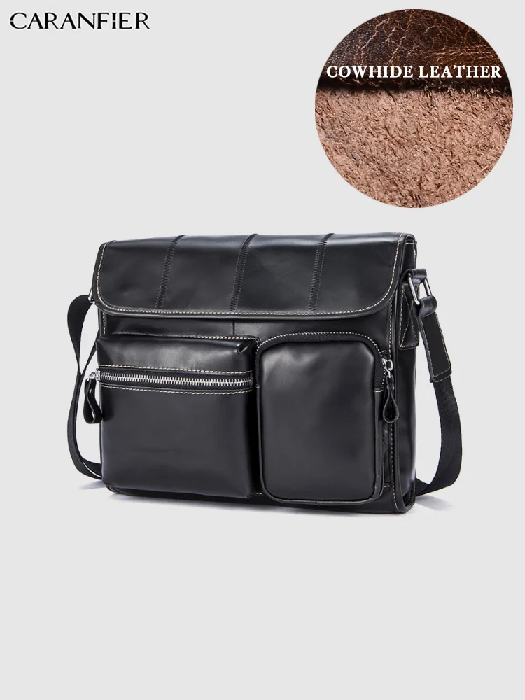 CARANFIER رجل حقائب الصلبة حقائب كتف الأعمال جلود الأبقار الأصلية سعة كبيرة بسيطة رفرف جيب Crossbody أكياس