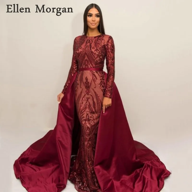 

Burgundy Saudi Arabia Long Sleeves Mermaid Evening Dresses 2019 Dubai Kaftan Moroccan Muslim Glitter Formal Prom Party Gowns