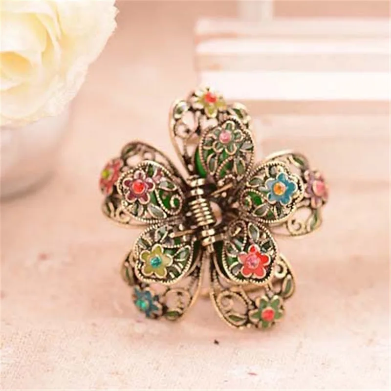 

2019 Charm Enamel Colorful Flowers Hair Claws Hair Jewelry Gold Color Rhinestone Crystal Big Hair Clip Crab Wedding Accessories