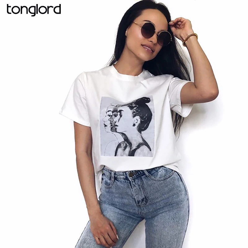 

2019 New Fashion Women T-shirts Summer Short Sleeve Cotton T-shit O-Neck Character Tops Casual M-XXL Tees Shirt Female 4 Colors