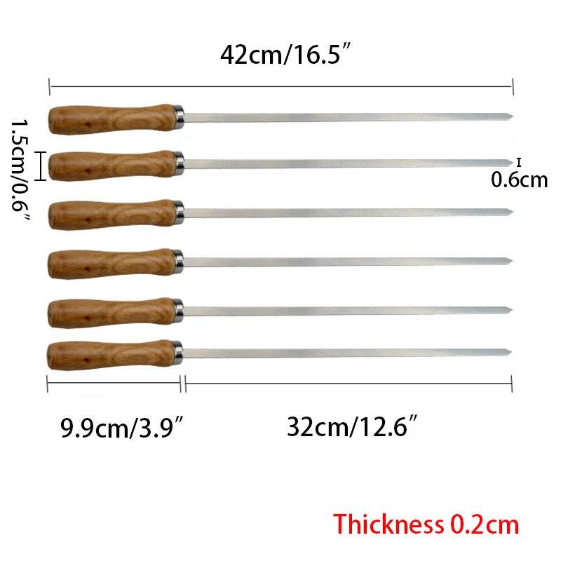 6/10/12pcs Wooden BBQ Shish Kebab Skewers 16.5in 42cm Stainless Steel BBQ Sticks Barbecue Skewer Flat Stick Grill Kabob Needle