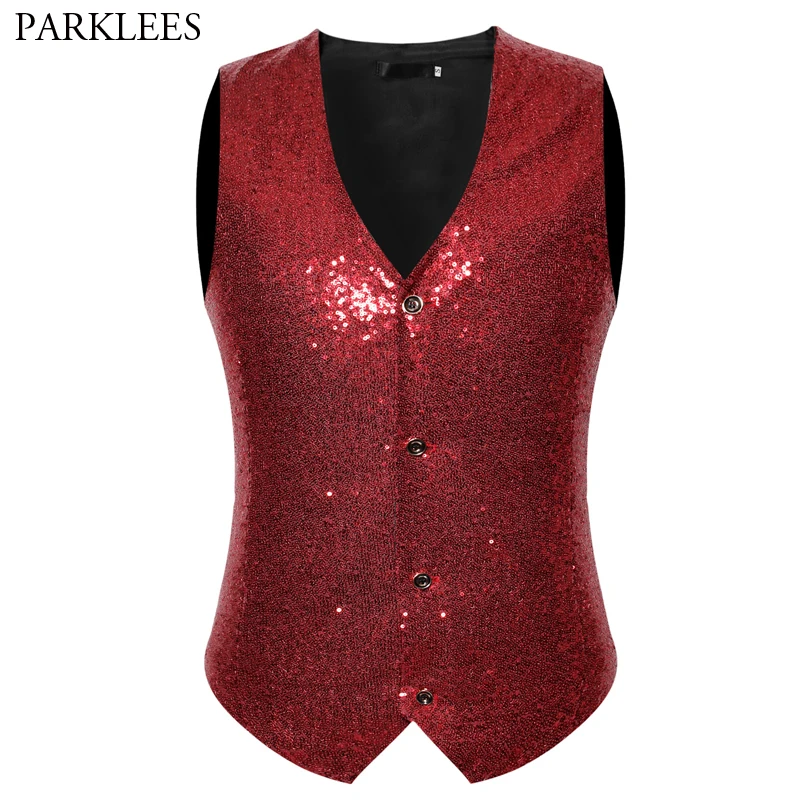 Shiny Red Sequin Tuxedo Vest Men Wedding Groom Singer Prom Slim Fit