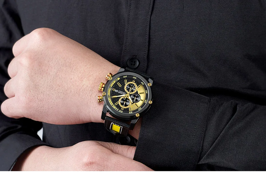 Мужские спортивные часы MEGIR с кожаным ремешком и хронографом, модные водонепроницаемые аналоговые кварцевые наручные часы для мужчин 2079GDBK