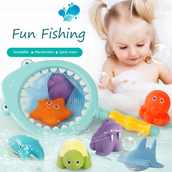 

7PCS/Sets Fishing Toys Network Bag Pick up Duck&Fish Kids Toy Swimming Classes Summer Play Water Bath Doll Water Spray Bath toys